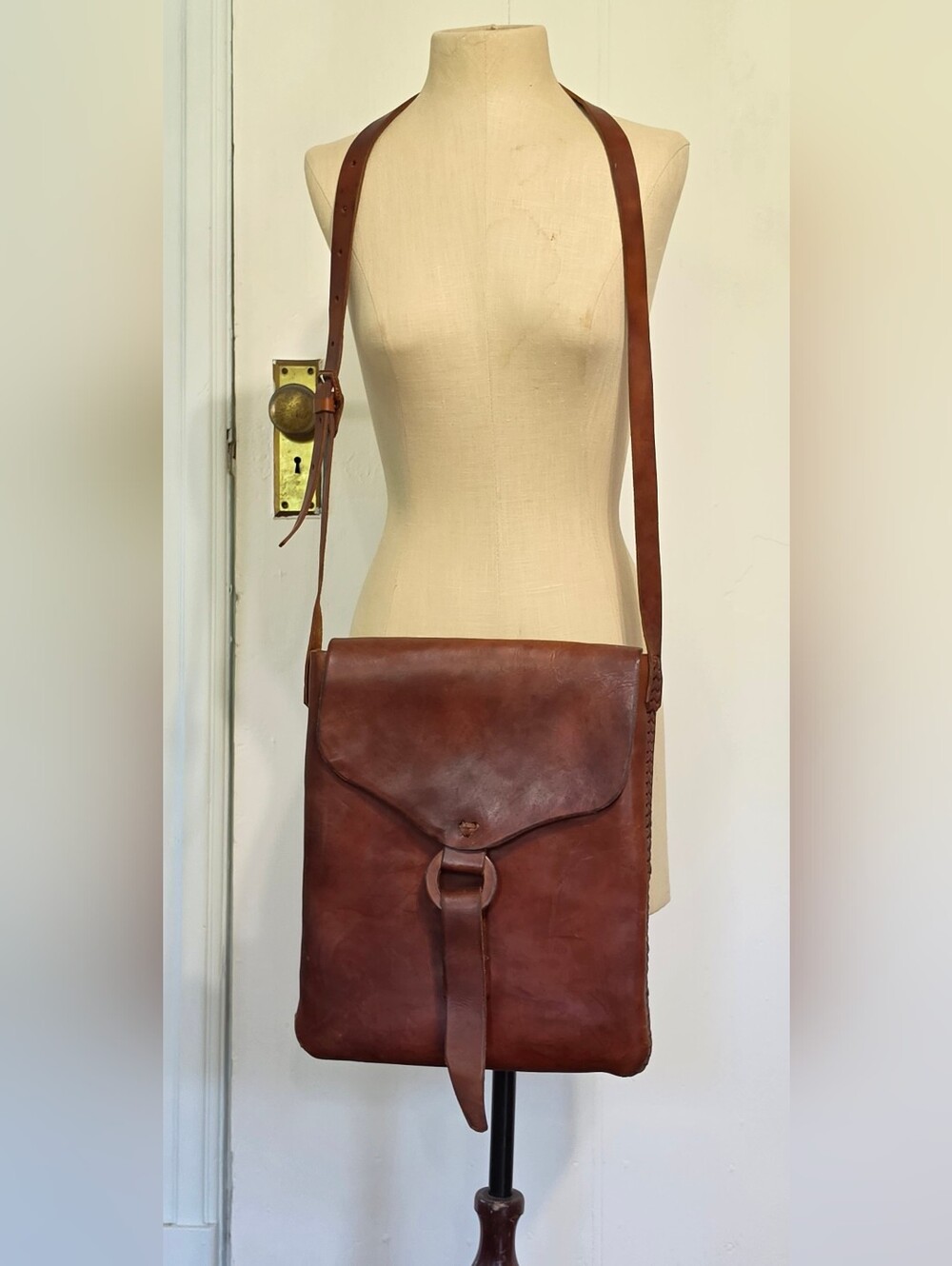 Vintage Hand Tooled Cognac Brown Leather Crossbody Bag. 12x14x2 Inches.